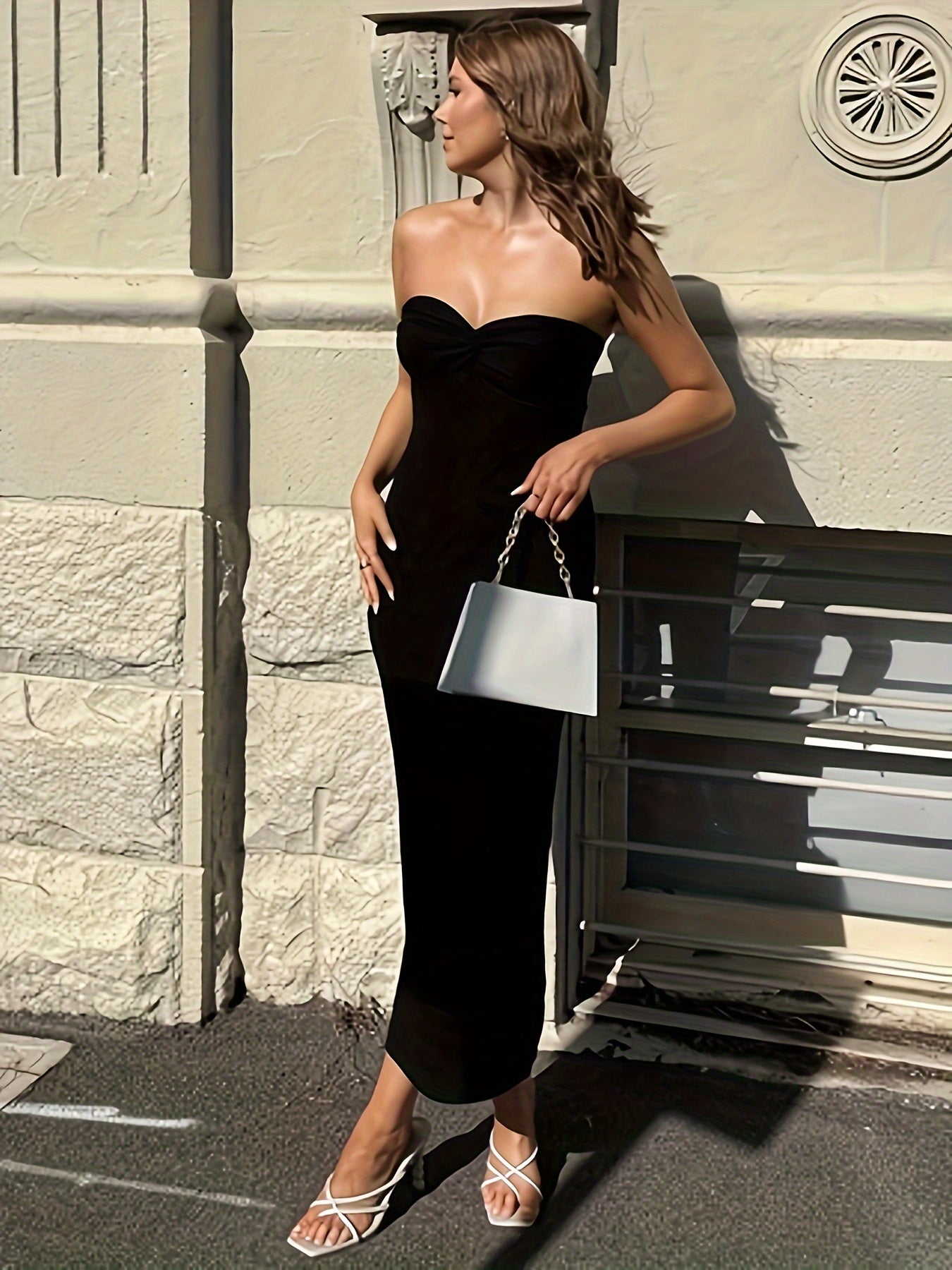 Twist Front Knitted Tube Dress, Sexy Strapless Slim Maxi