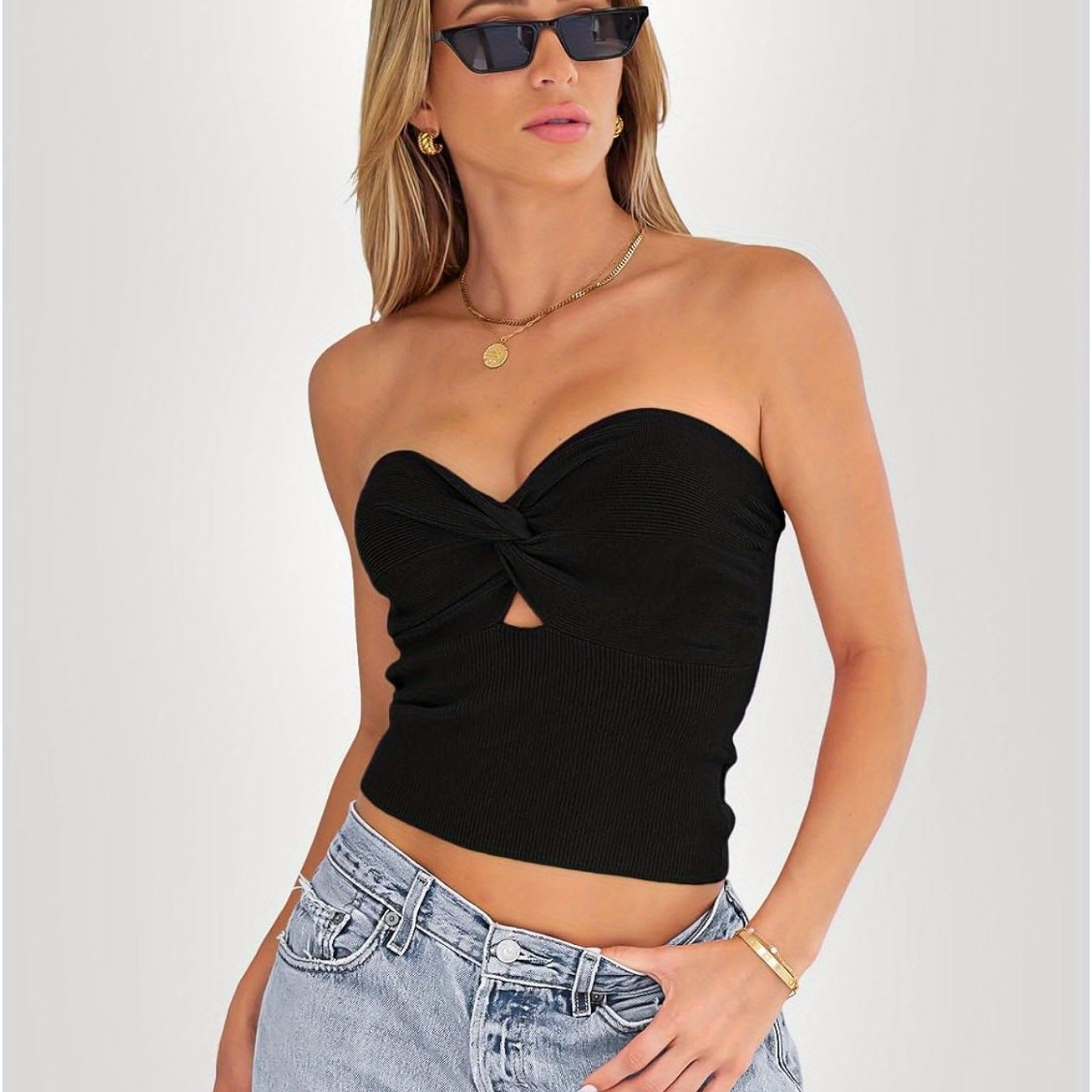 Womens Tube Tops Going Out Cut Out Twist Knot Front Bandeau